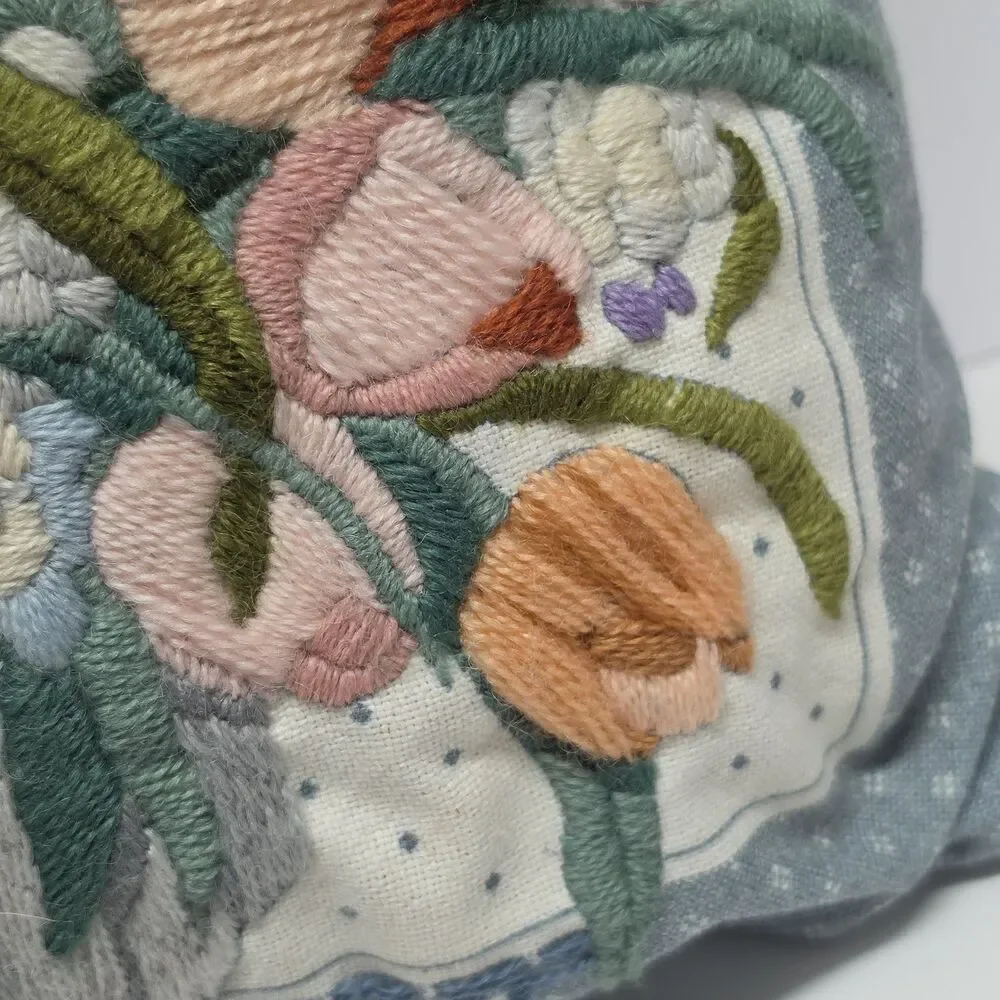Vintage 70s Crewel Embroidery Colorful Tulips Decorative Pillow 13” x 13” Boho